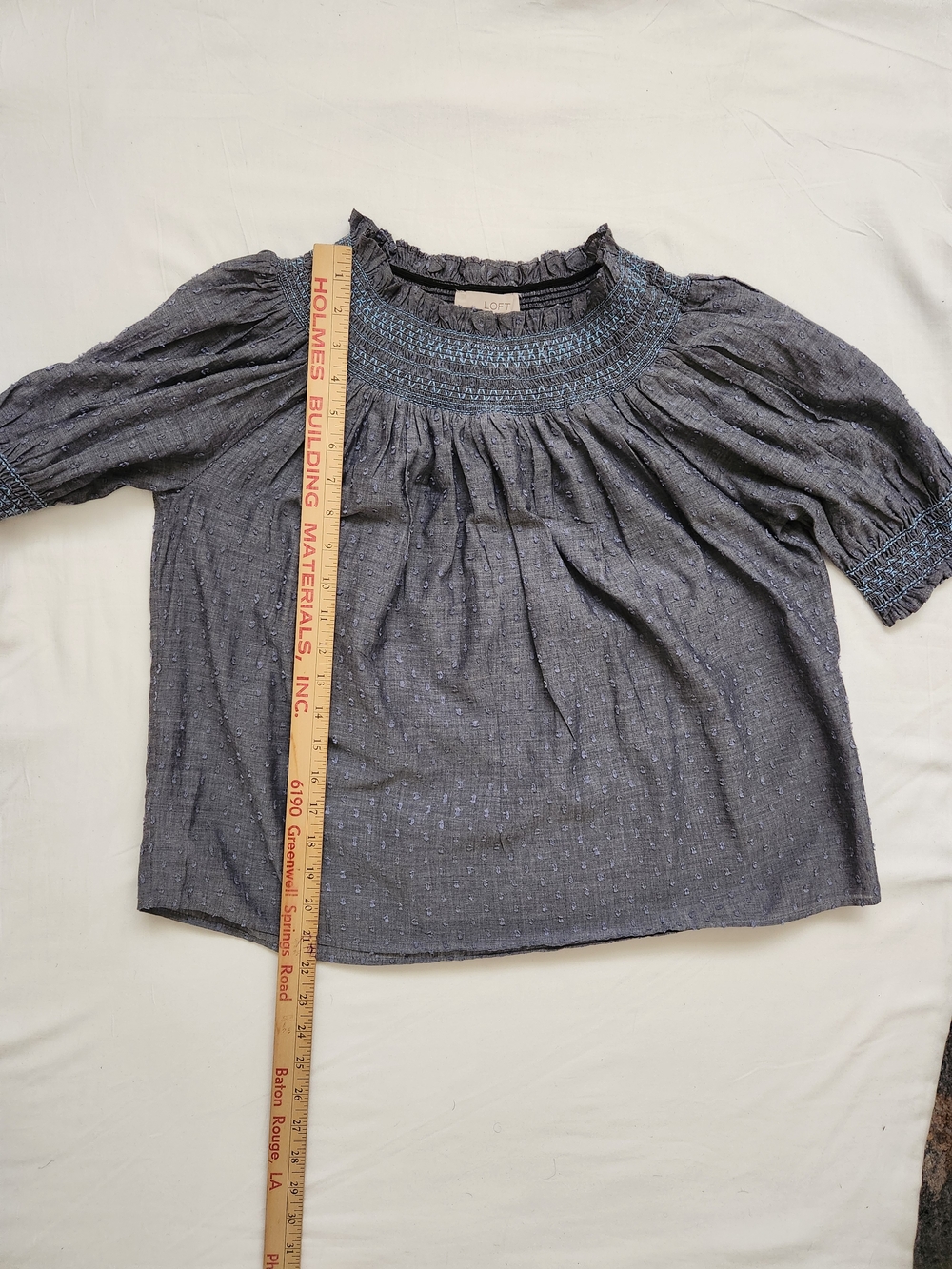 LOFT Slate Blue Smocked Whimsical Ruffled Neck Puff Sleeve Top - Picture 5 of 8